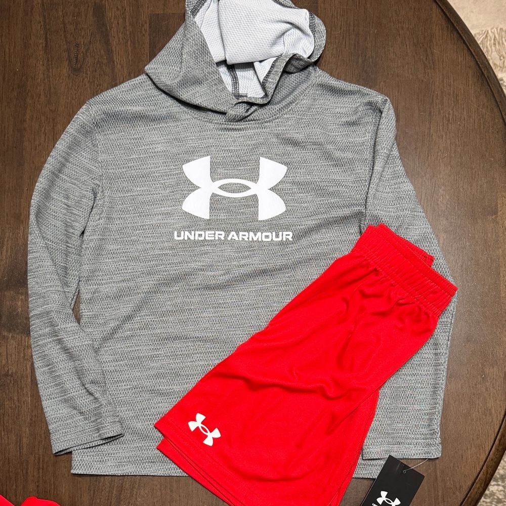Under Armour Heather Gray Hoodie and Vibrant Red Shorts